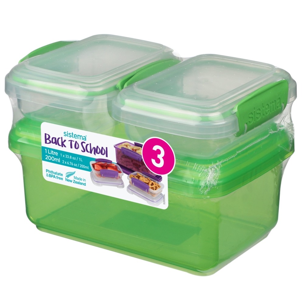 Pachet 3 cutii depozitare alimente plastic Sistema Back To School 1L + 2 x 200 ml