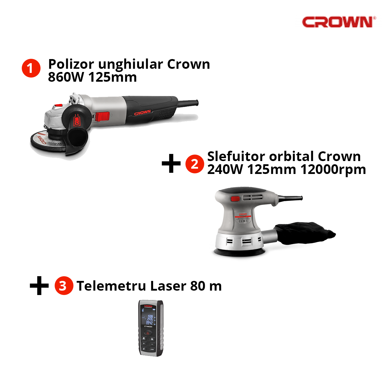 Pachet Crown: Polizor Unghiular CT13497-125R Slefuitor Orbital CT13394 Si Telemetru Laser CT44034