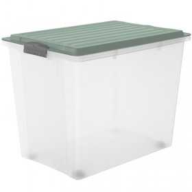 Cutie depozitare cu roti plastic transparenta cu capac verde Rotho Compact 70L